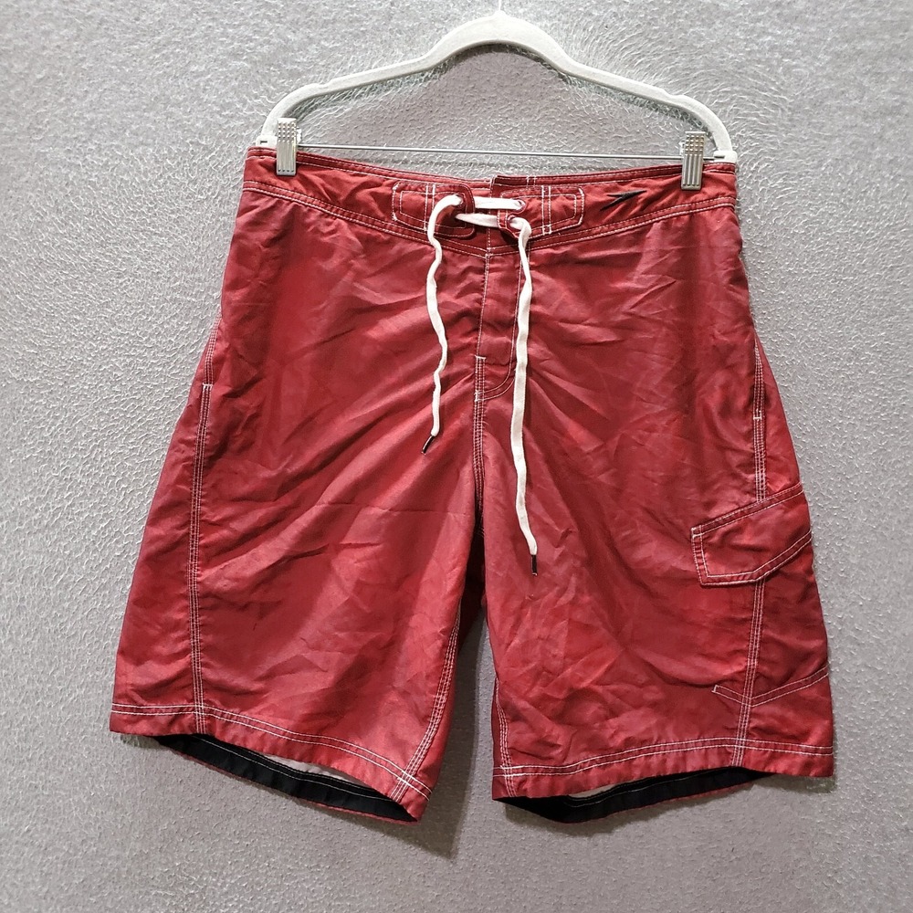 Speedo Men Swimwear Large Red Straight Trunks Elastic Waist Drawstring 9" Inseam